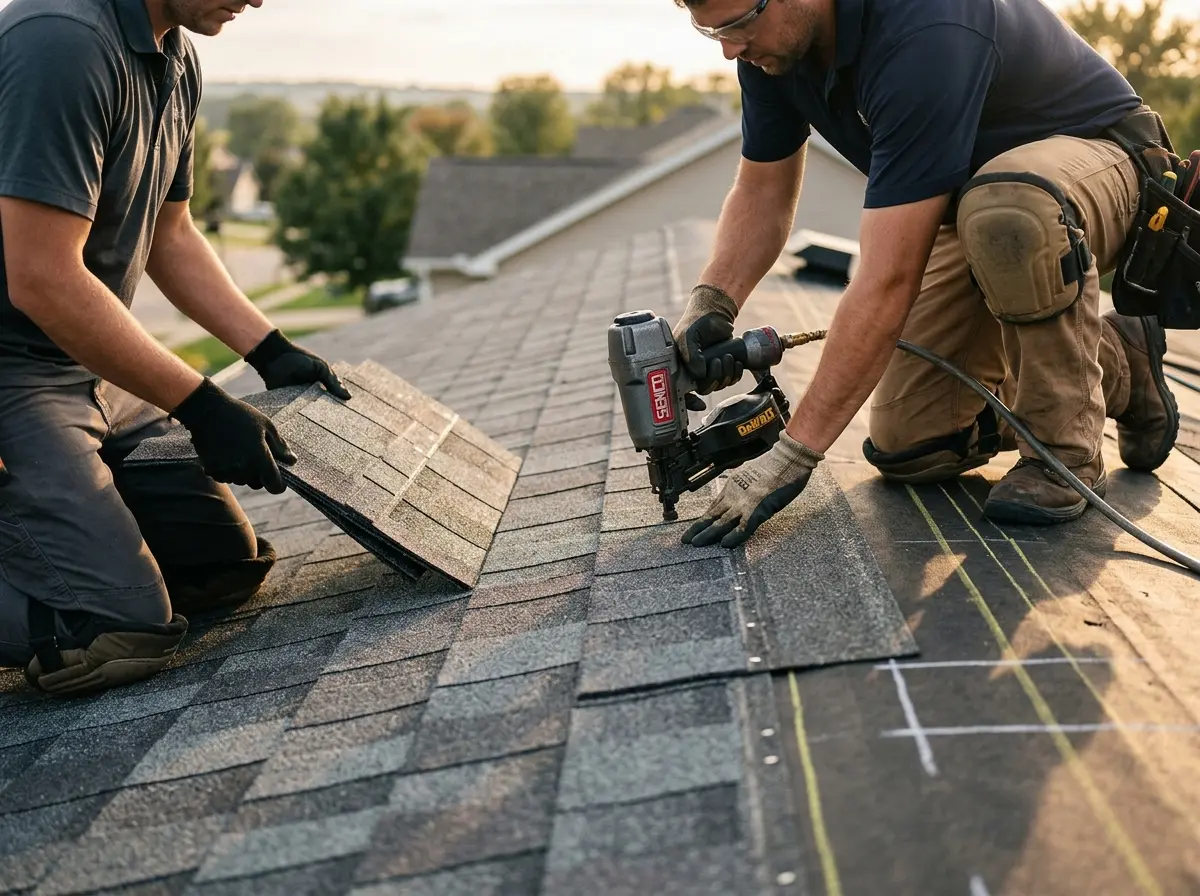 Professional roofer working on a residential roof in Wrentham
